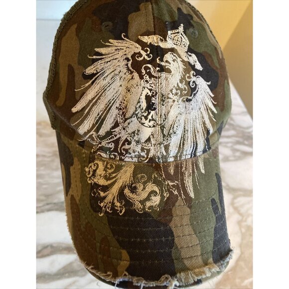 Camo Mesh Trucker Hat With Distressed Brim & Embroidered Eagle Design Adjustable - Picture 2 of 8